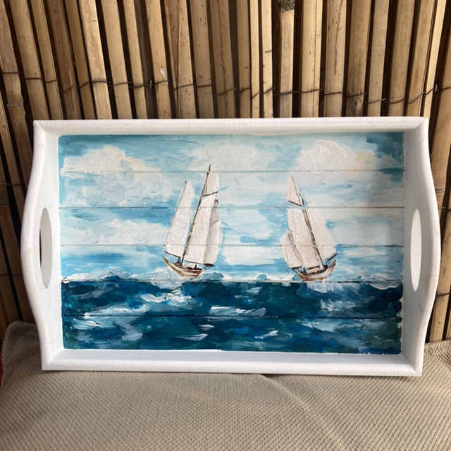 Kunst op hout, handbeschilderd decoratief dienblad, twee zeilboten , rechthoekig 30x20cm , wit blauw, Krista Kitsz Art
