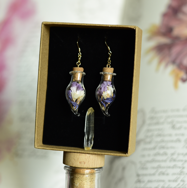 boucles d’oreilles fioles gold bleuet &amp; statice