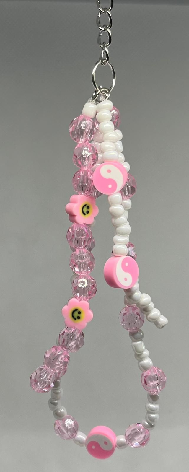 🌸 Bijoux de sac, Porte clé - Perles facettes rose - Fleurs - Yin Yang 