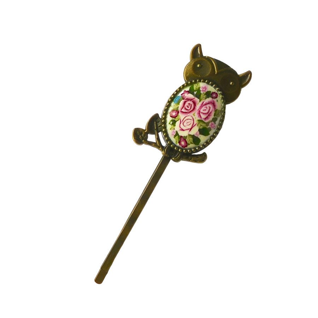 Epingle à cheveux hibou trois roses