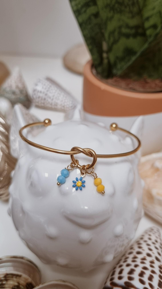 Jonc acier doré - fleur bleue