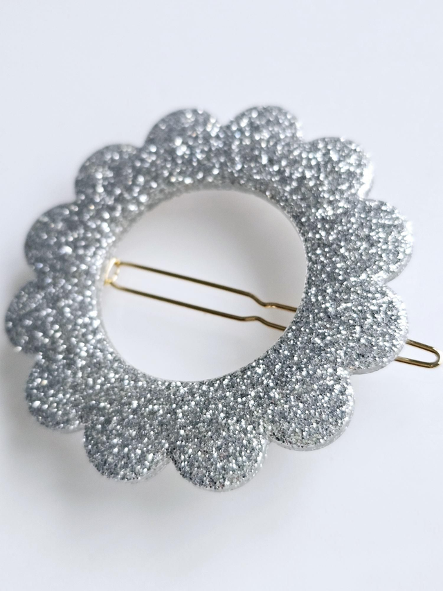 BARRETTE FLEUR paillettes grises