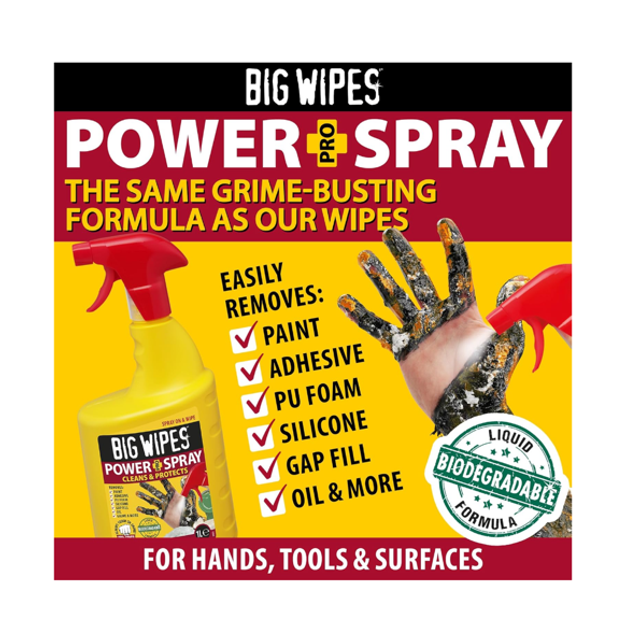 Big Wipes Power Spray 1L, spray de nettoyage spécialisé à action rapide pour les surfaces, les outils et les mains.