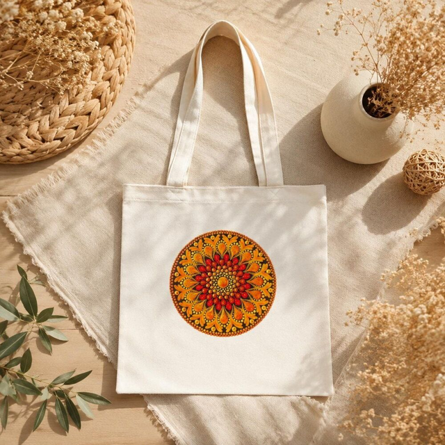 Sac tote bag en coton blanc – Mandala orange ou bleu