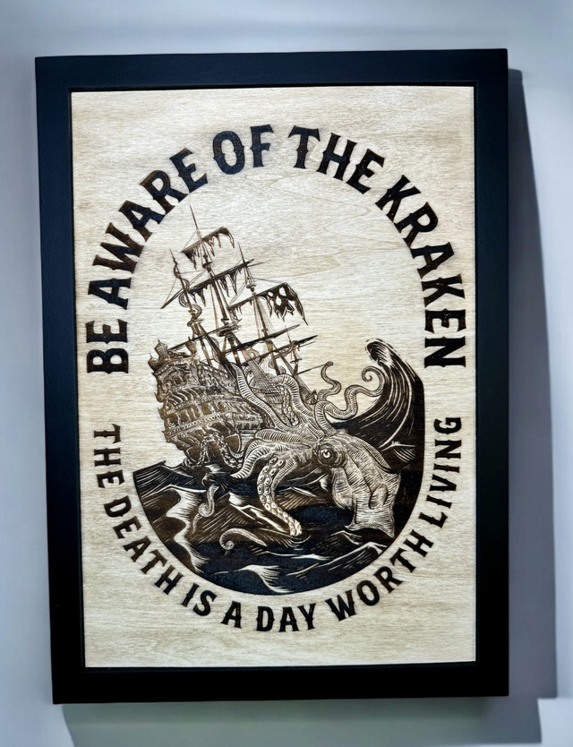 Tableau gravé bateau pirate vs kraken