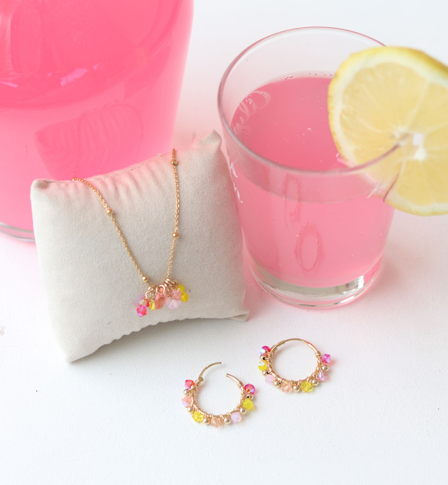 Petites créoles PINK LIMONADE - Créoles en Plaqué Or 3 microns, perles en crystal et Gold Filled 14k (Or Laminé)