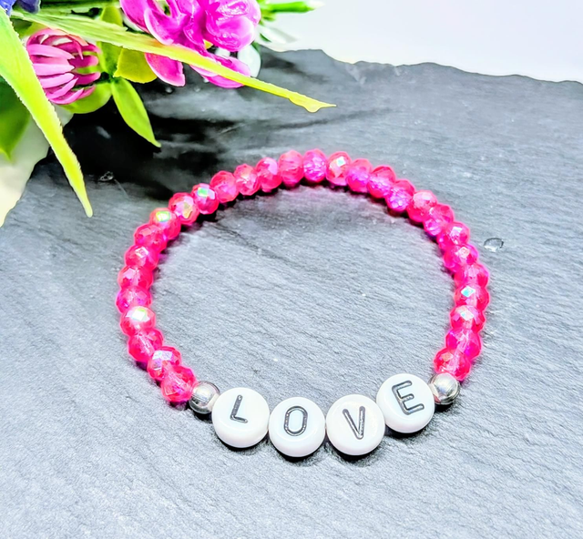 Hot Pink Ceramic Beaded "Love" Children's Stretch Bracelet 