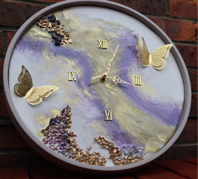 Fluid Art Resin Clock with gold butterflies