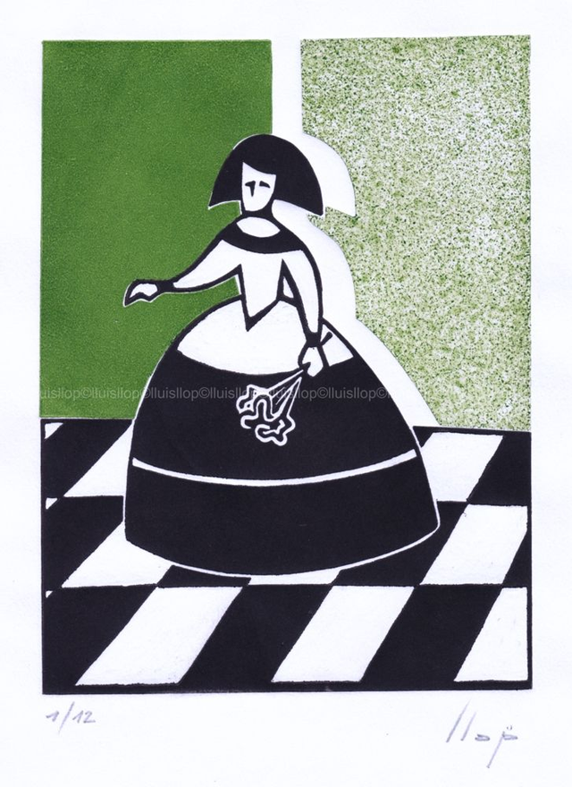 grabado original xilografia y gofrado 28x22- Menina en verde