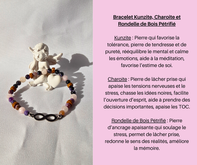106- Bracelet Kunzite- Charoite et Bois Pétrifié