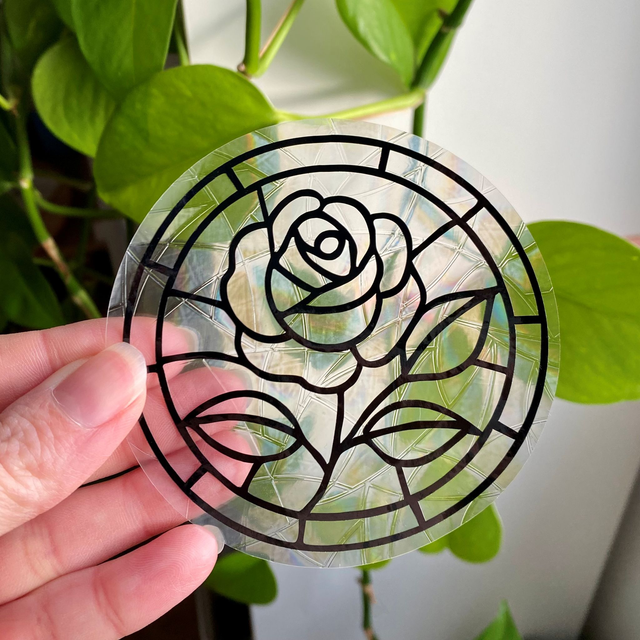 Attrape soleil sticker de fenêtre électrostatique, motif vitrail rose éternelle