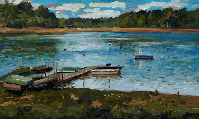 Jezioro Głębokie 30x50 olej płyta 2023 oprawiony