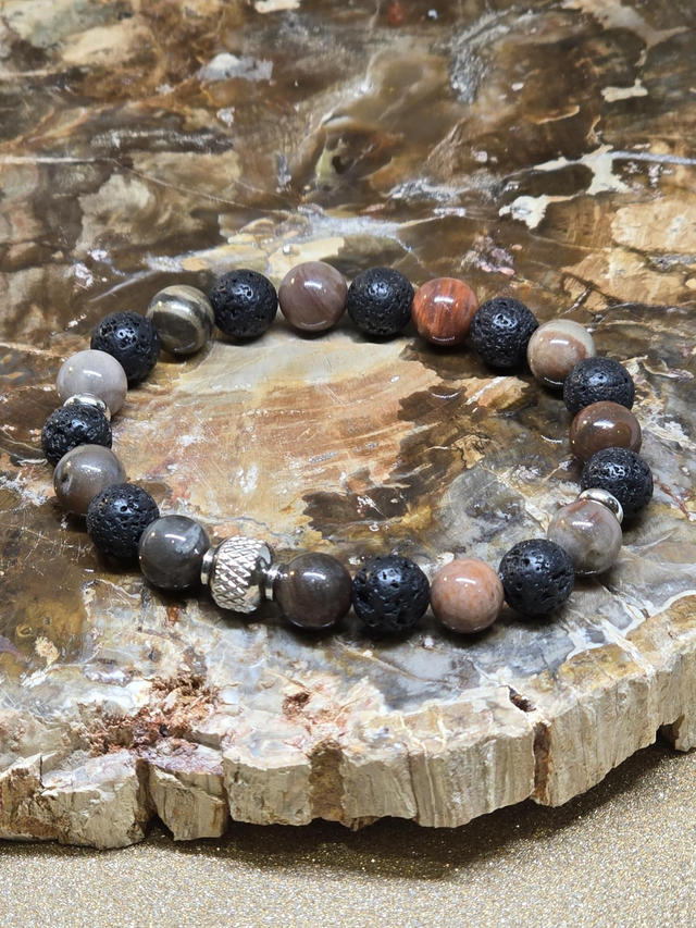 Bracelet Pierre de lave et Bois fossilisé en 0,8 cm 