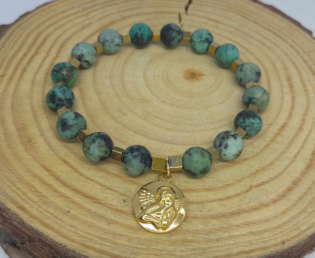 Bracelet turquoise africaine acier or inoxydable 8 mm