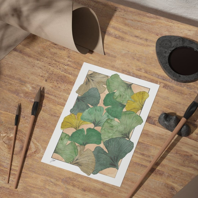 Carte postale - Café - Ginkgos, Vert sur Café