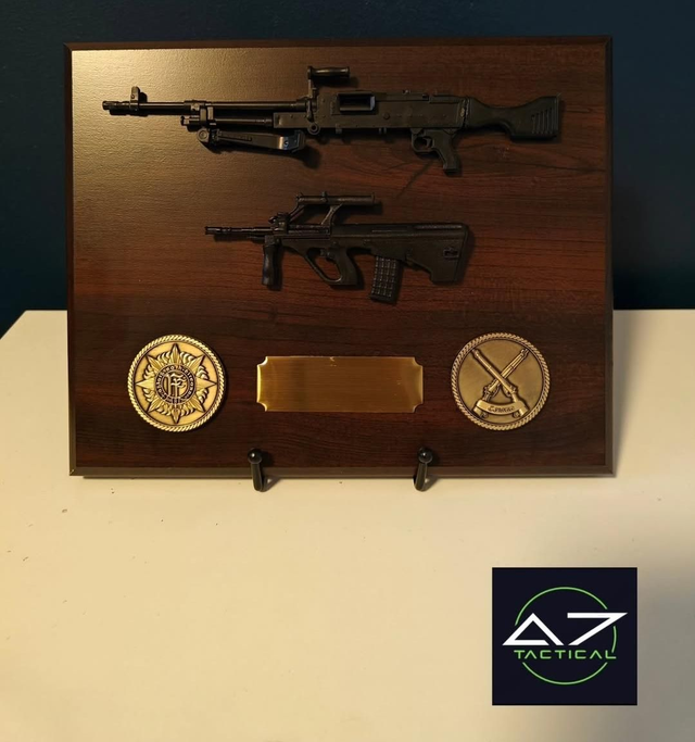 Wooden plaque, G.P.M.G, Steyr, 2x challenge coins and custom engraving 