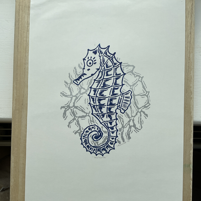 Seahorse 2 block Lino print