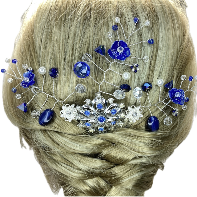 Hand Wired Hair Comb with Vintage Brooch and Beads in Royal Blue and Silver tones