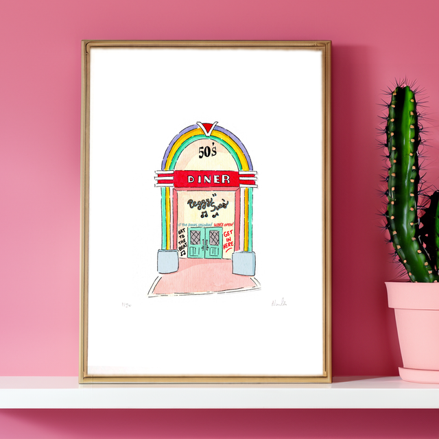 American 50s Diner Art Print – Retro Jukebox Wall Decor – Vintage Pastel Illustration – 1950s Diner Gift