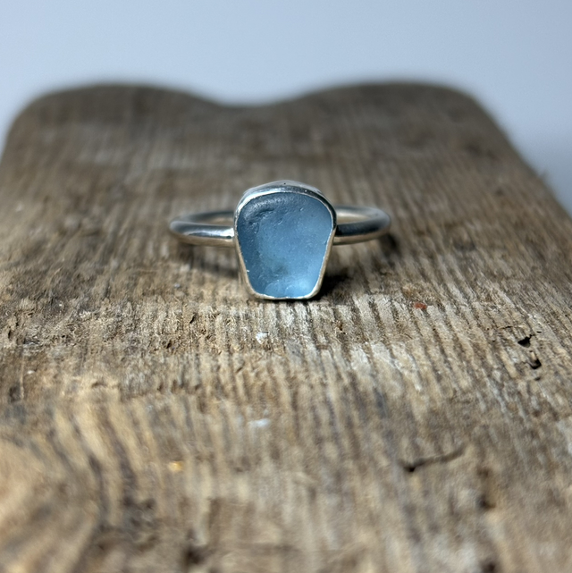 Blue Seaglass &amp; Recycled Silver Ring Size U