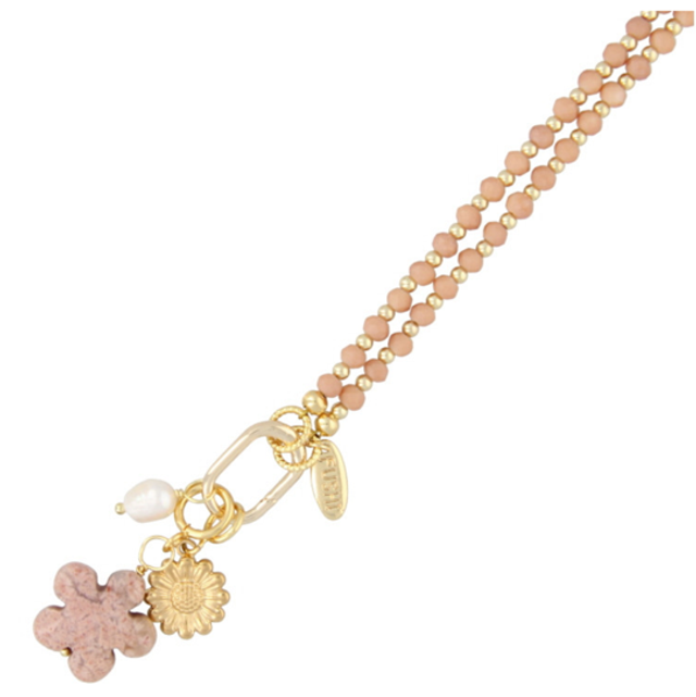 FUSHI KETTING MET FACET GLASKRALEN BEIGE EN 3MM 14 KARAAT VERGULD MET CLIP EN BEDELS