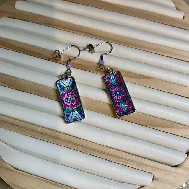 Handmade cabochon earrings. Beautiful asymmetrical mandala design.