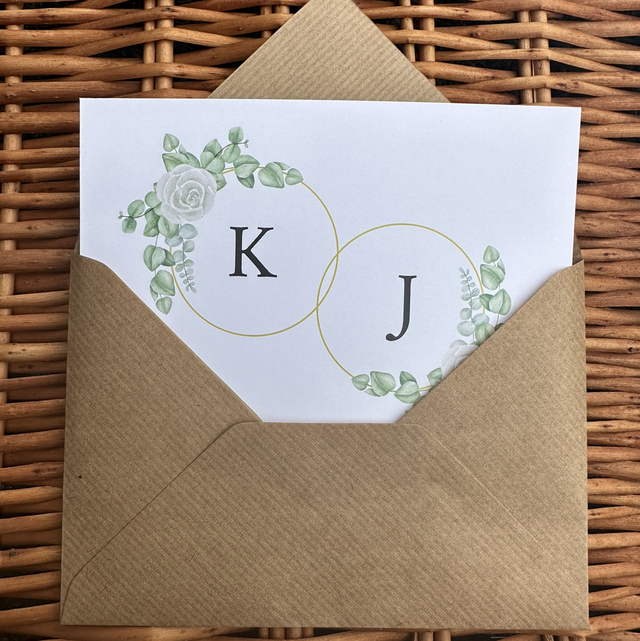 Eucalyptus, greenery &amp; white rose - concertina wedding invitations - including guest information &amp; tear off RSVP postcard