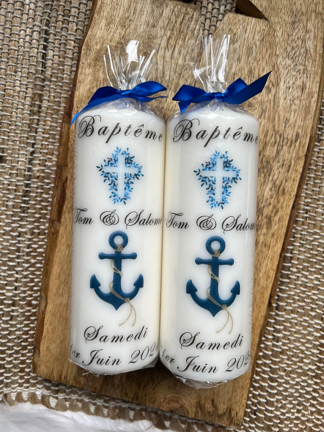 Bougie baptême personnalisée croix ancre marine
