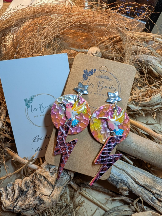 Boucles d'oreilles colibri jaune orangé rose co002