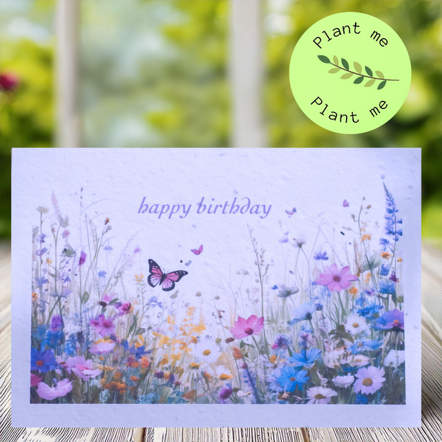 A Plantable Birthday card with a Butterfly on seeded paper with Wildflowers