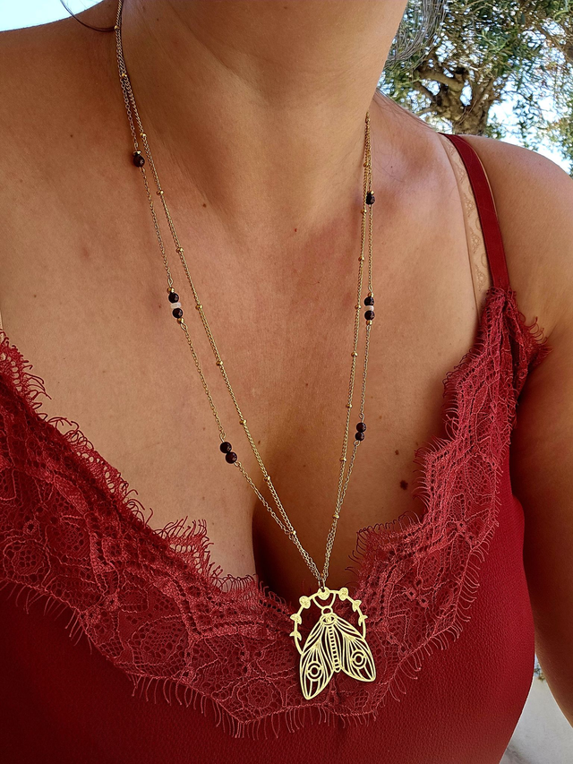 Sautoir Doré RENAISSANCE "Grenat" &amp; Papillon – Bijou lithothérapie