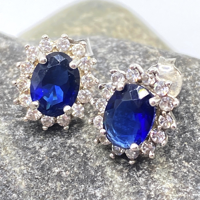 REFURBISHED Blue and Clear Cluster Faceted Stone Sterling Silver Studs 