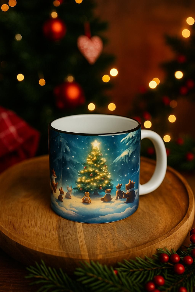 Tasse en Céramique de Noël – Animaux de la Forêt &amp; Sapin Illuminé