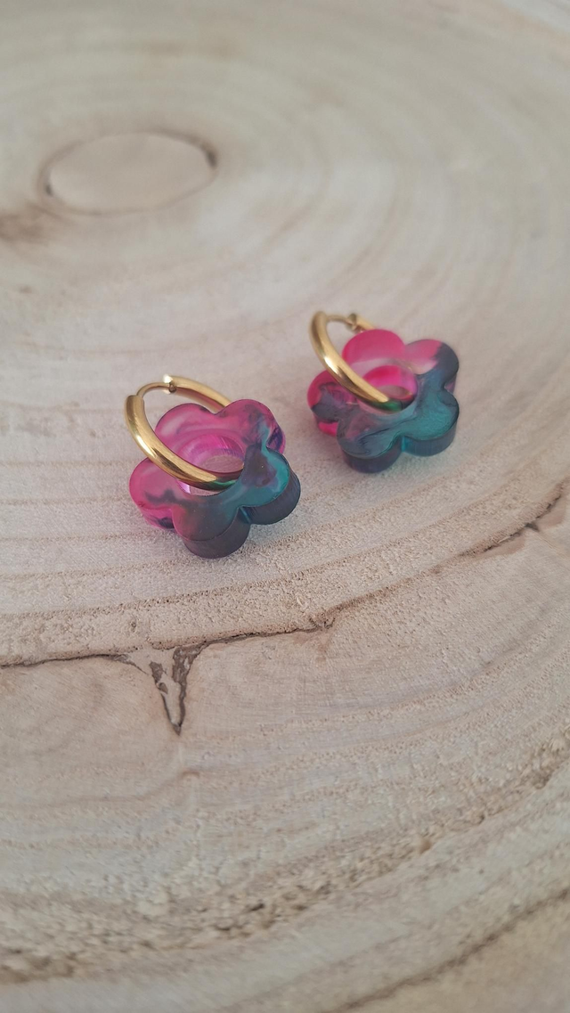 Créoles dorées fleurs rose/vert