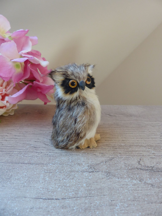 Figurine hibou en fausse fourrure, sculpture hibou en poils, statuette vintage hibou chouette décoration maison chalet campagne