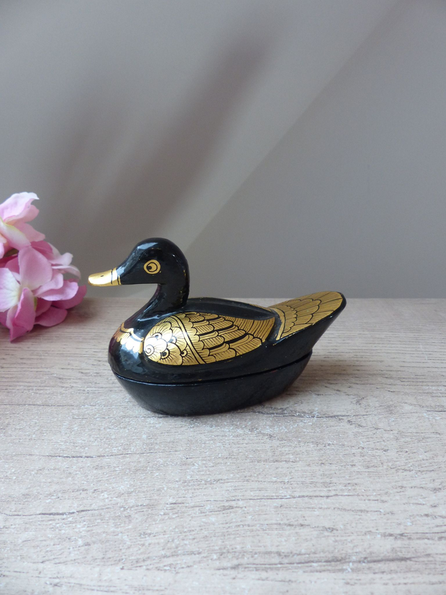 Vintage Boite Canard, boîte de bibelots, boite à bijoux canard noir et or, boîte de canard laqué, figurine canard noir, décoration chambre