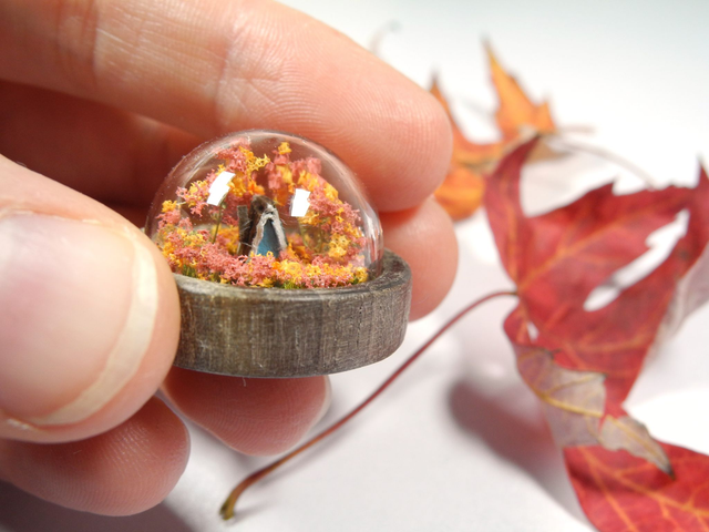 Cabin in an Autumn Forest – small -  One of a kind miniature biosphere jewelry – glass pendant with a walnut base