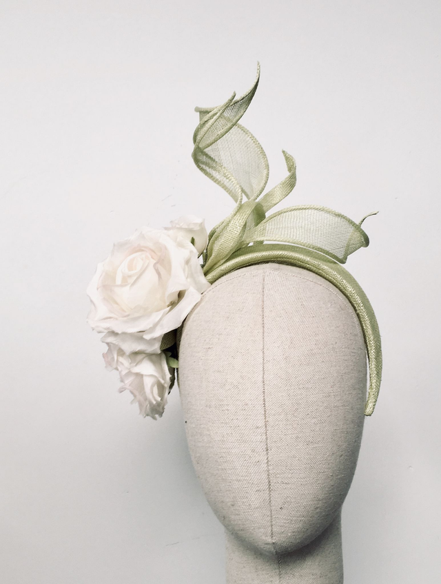 Pistachio sinamay headpiece with off white roses