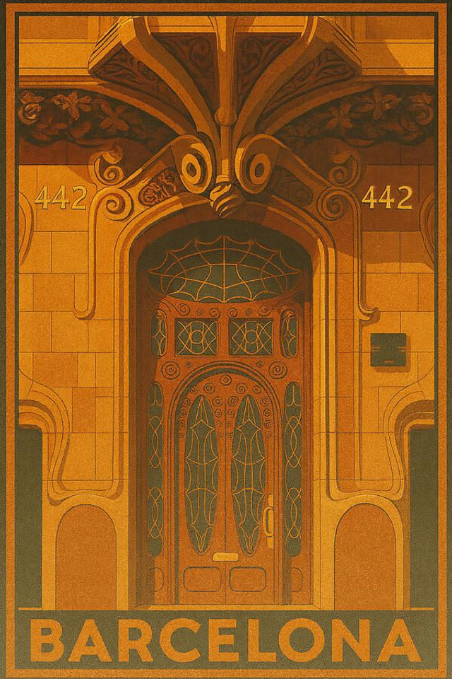 Puerta Art Nouveau de Barcelona, ​​póster de viaje vintage