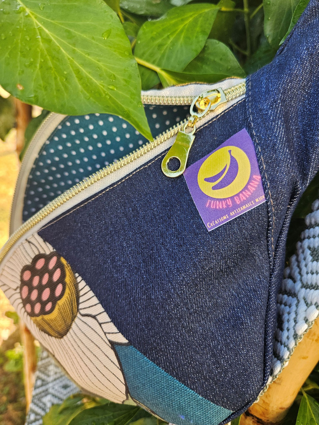 Banane Denim brut et imprimé lotus Idriss bleu - Taille S