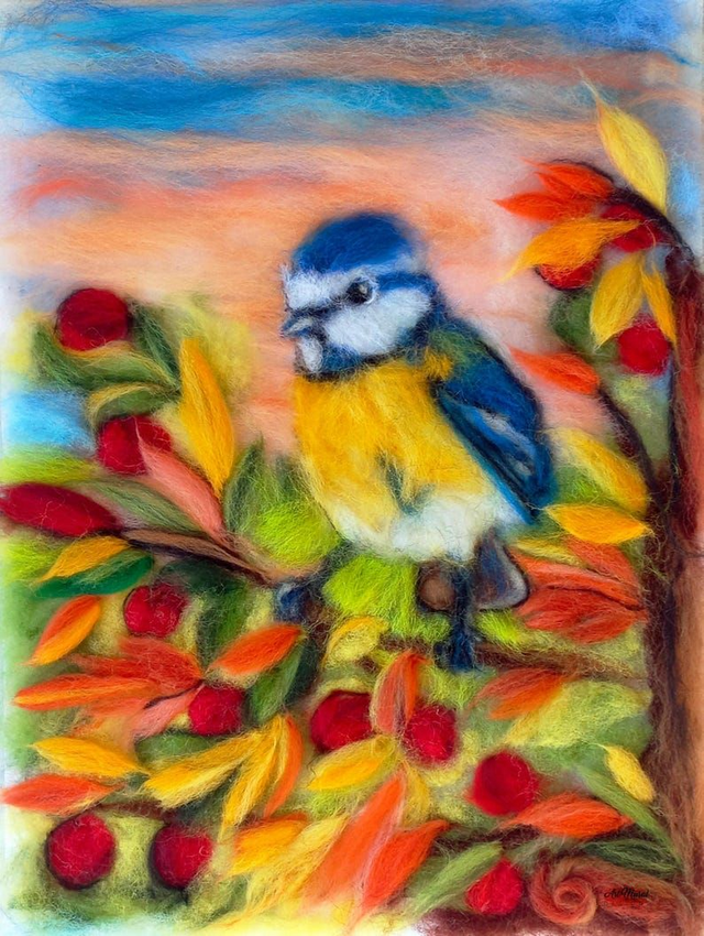 Tableau Naturel de Mésange Bleue sur Branche de Cerisier – Art Mural Automnal Élégant et Poétique