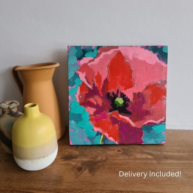 Red poppy handpainted original floral acrylic impressionist style painting
