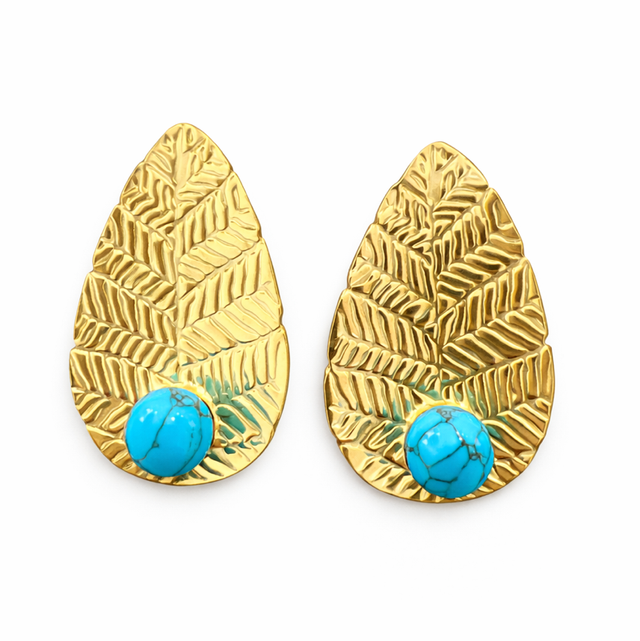 Pendientes acero dorado hoja y piedra turquesa 