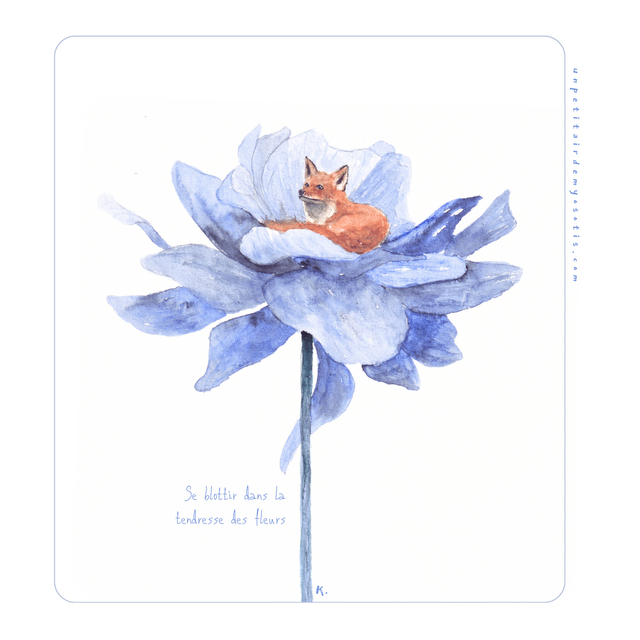 Carte-poème Renard blotti &quot;se blottir dans la tendresse des fleurs&quot; 