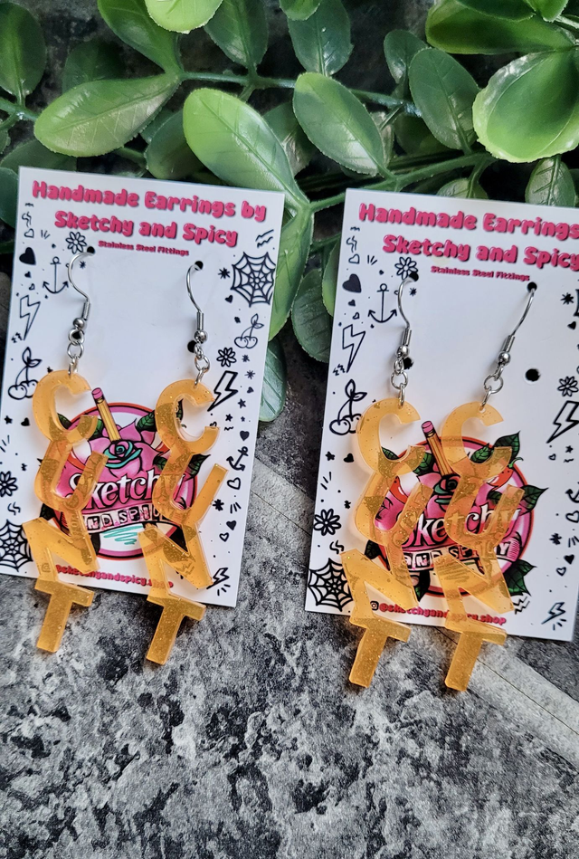 Earrings- Orange Glitter CUNT Swear Earrings | Stainless Steel Shepherd Hooks