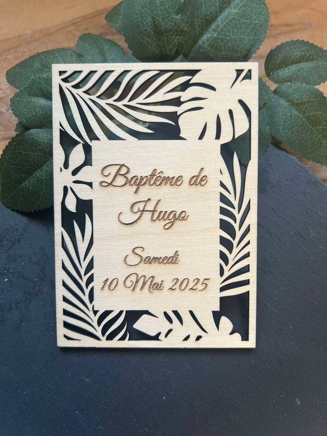 Faire-part tropical baptême naissance anniversaire mariage en bois.