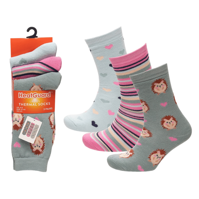 Ladies 3 Pack Hedgehog Print Thermal Socks - only £4.50 a pack