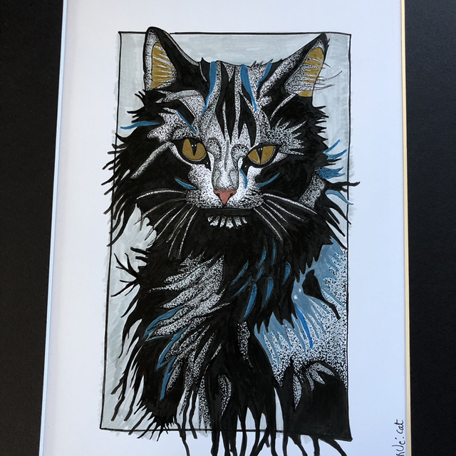 Chat bleu - 33 x 43 cl - encadrement bois 