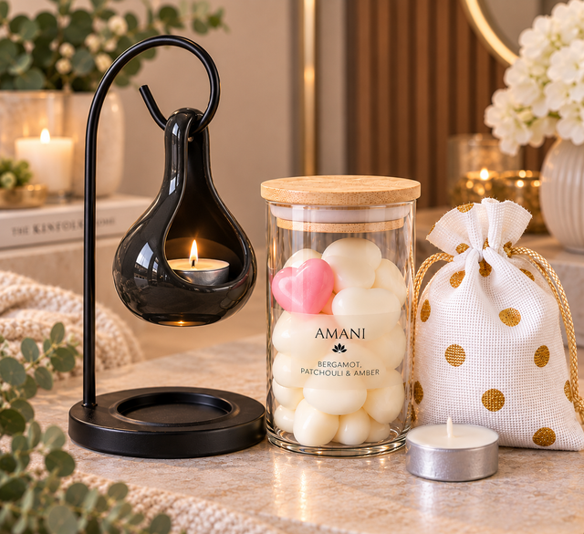 Teardrop Hanging Wax Burner - Black gift set includes a choice of wax melts and tealight candles