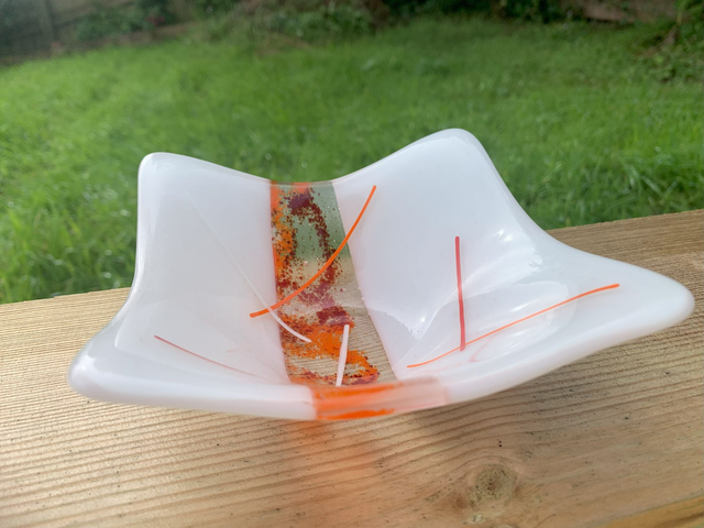 Glass Bowl Gift Square Full Fused in White and Orange approx 14cm
